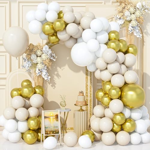 Teselife 136Pcs Weiß Gold Luftballons Bogen Kit, Beige Sand Weiß Metallic Gold Party Ballons Girlande Kit für Geburtstag Baby Shower Hochzeit Jahrestag Karneval Party Dekorationen Zubehör von Teselife