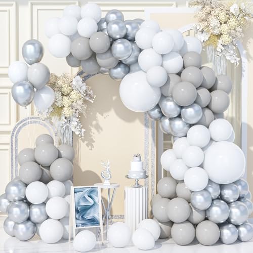 Teselife 140Pcs Weiß Silber Grau Luftballons Bogen Kit, Weiß Metallic Silber Party Ballons Girlande Kit für Geburtstag Baby Shower Hochzeit Jahrestag Karneval Party Dekorationen Zubehör von Teselife