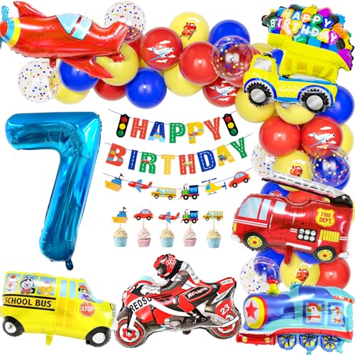 Teselife Autos Deko Kindergeburtstag 7, Geburtstag Luftballons Party Dekoration 7 Jahre Jungen Kinder Cars Truck Feuerwehrfahrzeuge Motorrad Zahlenballon Happy Birthday Banner Tortendeko Partyzubehör von Teselife