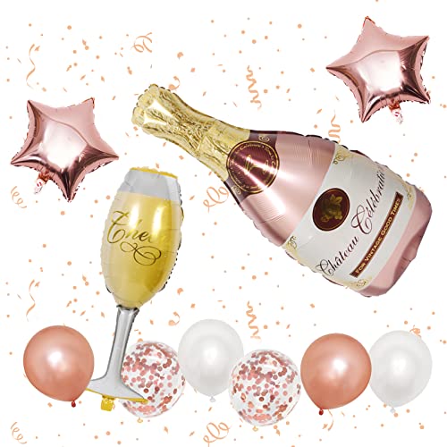 Teselife Champagner Flasche Weinglas Feier Party Ballon Set, Metallic Latex Ballon Geburtstag Hochzeit Bachelorette Party Zubehör, Gold Aluminiumfolie Pentagramm Ballon mit Band (Rose & Gold) von Teselife