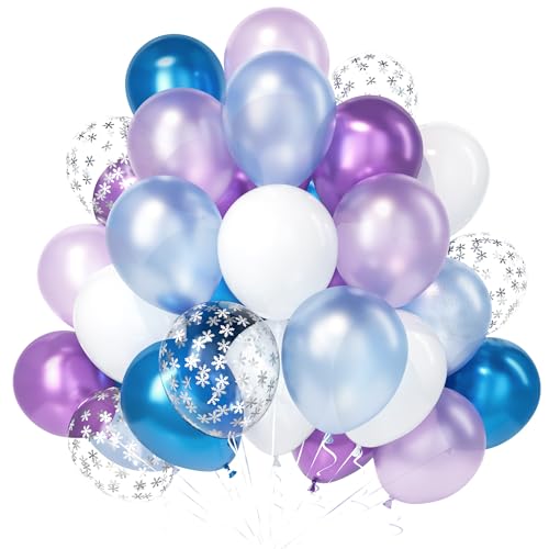 Teselife Frozen Luftballons, 30Stück 12 Zoll Perlglanz Metallic Blau Lila Weiß Silber Snowflake Konfetti Ballons Junge Mädchen Kinder Geburtstag Hochzeit Verlobung Winter Wonderland Party Dekoration von Teselife