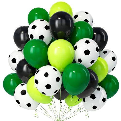 Teselife Fußball Luftballons, 30Stück 12 Zoll Dunkelgrün Schwarz Fruchtgrün Fussball Fünfeck Aufdruck Ballons mit Band Junge Kinder Geburtstag Hochzeit Verlobung Fußball Sport Thema Party Dekorationen von Teselife