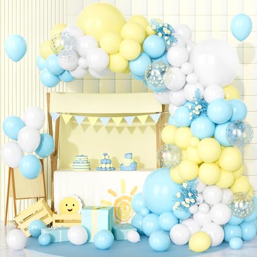 Teselife Luftballons Blau Gelb Weiß, 123 Stück Ballon Girlande Pastell Gelb Blau Konfetti Helium Ballons für Junge Mädchen Geburtstag Hochzeit Babyparty Bachelorette Abschlussfeier Party Dekorationen von Teselife