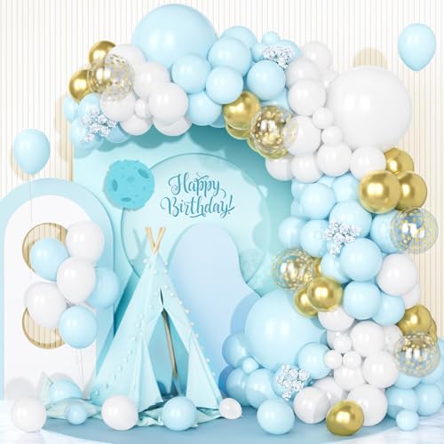 Teselife Luftballons Blau Weiß, 123 Stück Ballon Girlande Pastell Blaues Weiss Helium mit Gold Konfetti Latex Ballons für Junge Kinder Geburtstag Babyparty Babydusche Taufe Hochzeit Brautparty Deko von Teselife