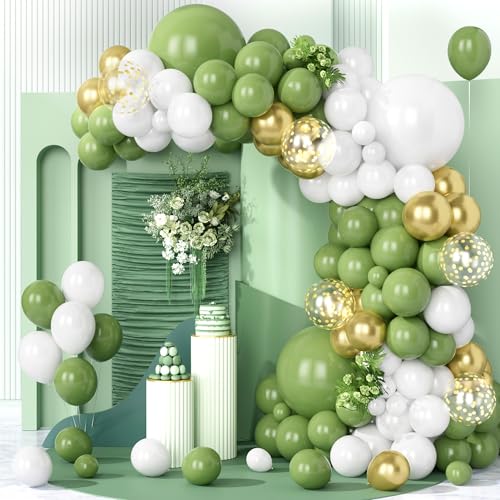 Teselife Luftballons Grün Weiß, 123 Stück Ballon Girlande Retro Olive Grün Gold Ballonbogen Sage Salbeigrün Kit Mädchen Jungen Geburtstag Hochzeit Babyparty Dekorationen Braut Verlobung Jubiläum Deko von Teselife