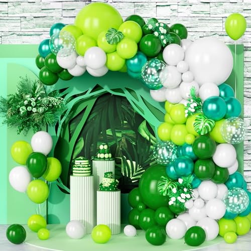 Teselife Luftballons Grüne Weiß, 123 Stück Ballon Girlande Matt Dunkelgrün Weiss Metallisch Grün Konfetti Latex Ballons für Kinder Jungen Geburtstag Hochzeit Babyparty Taufe Dschungel Dinosaurier Deko von Teselife