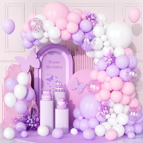 Teselife Luftballons Lila Rosa, 123 Stück Ballon Girlande Pastell Weiß Violett Rosa Konfetti Helium Latex Ballons für Mädchen Prinzessinnen Geburtstag Babyparty Hochzeit Brautparty Bachelorette Deko von Teselife