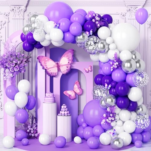 Teselife Luftballons Lila Weiß, 123 Stück Ballon Girlande Pastell Violett Matt Dunkellila Weiss Helium mit Silber Konfetti Latex Ballons für Mädchen Kinder Geburtstag Hochzeit Babyparty Jubiläum Deko von Teselife