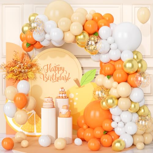 Teselife Luftballons Orange Weiß, 123Stück Ballon Girlande Matt Weiss Apricot Beige Metallisch Gold Orange Konfetti Latex Ballon für Mädchen Geburtstag Hochzeit Babyparty Taufe Thanksgiving Party Deko von Teselife