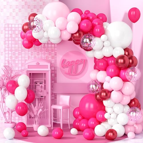 Teselife Luftballons Rosa Weiß, 123 Stück Ballon Girlande Hot Pinke Fuchsia Weiss Helium mit Rot Konfetti Latex Ballons für Mädchen Frauen Geburtstag Hochzeit Babyparty Valentinstag Brautdusche Deko von Teselife