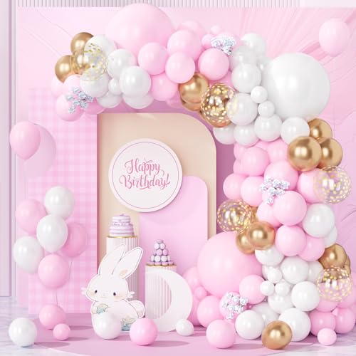 Teselife Luftballons Rosa Weiß, 123 Stück Ballon Girlande Pastell Rosa Weiss Hellrosa Pink mit Champagner Gold Konfetti Latex Ballons für Mädchen Frauen Geburtstag Babyparty Hochzeit Brautparty Deko von Teselife