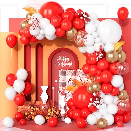 Teselife Luftballons Rot Weiß, 123Stück Ballon Girlande Matt Weiss Rote Konfetti Champagner Gold Helium Latex Ballon für Junge Mädchen Geburtstag Babyparty Hochzeit Valentinstag Weihnachten Party Deko von Teselife