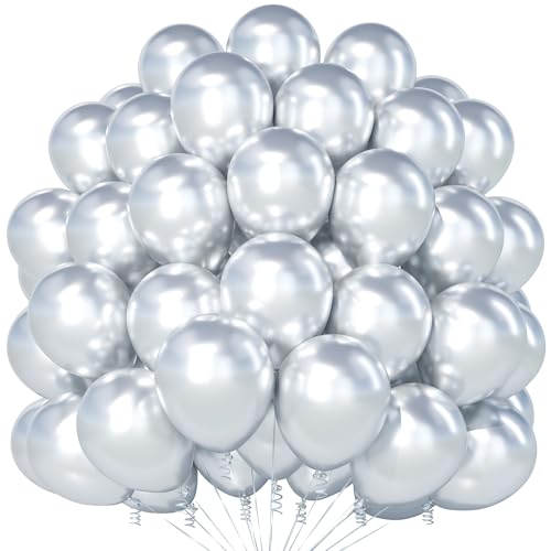 Teselife Metallic Silber Luftballons, 100 Stück 12 Zoll Chrom Silber Luftballons, Latex Silber Party Luftballons für Männer Frauen Geburtstag Babyparty Jahrestag Abschluss Verlobung Party Dekorationen von Teselife