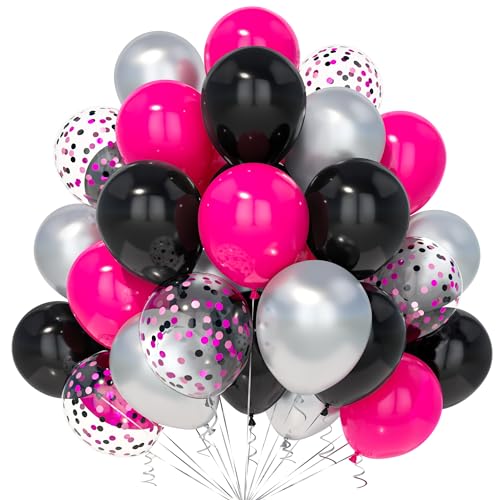 Teselife Rosa Schwarz Luftballons, 30Stück 12 Zoll Rosarot Schwarz Silber Konfetti Ballons mit Band Frauen Männer Geburtstag Hochzeit Verlobung Baby Shower Brautparty Jubiläum Maus Thema Party von Teselife