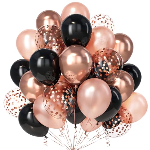 Teselife Schwarz Rosegold Luftballons, 30Stück 12 Zoll Roségold Schwarz Metallic Rose Gold Konfetti Ballons Mädchen Frauen mit Band Geburtstag Hochzeit Verlobung Brautparty Baby Shower Party Dekora von Teselife