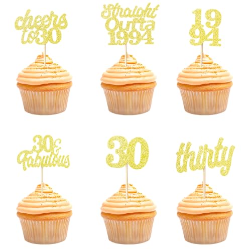 Teselife Tortendeko 30 Geburtstag Frau Mann, 24 Stück Glitzer Gold 30. Geburtstag Cupcake Topper Geburtstagsdeko von 1994 für 30er Geburtstag Party Torten Kuchen Deko von Teselife