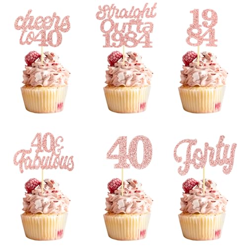 Teselife Tortendeko 40 Geburtstag Frau Mann, 24 Stück Glitzer Rose Gold 40. Geburtstag Cupcake Topper Geburtstagsdeko von 1984 für 40er Geburtstag Party Torten Kuchen Deko von Teselife