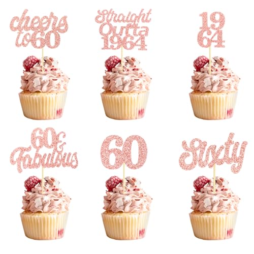 Teselife Tortendeko 60 Geburtstag Frau Mann, 24 Stück Glitzer Rose Gold 60. Geburtstag Cupcake Topper Geburtstagsdeko von 1964 für 60er Geburtstag Party Torten Kuchen Deko von Teselife