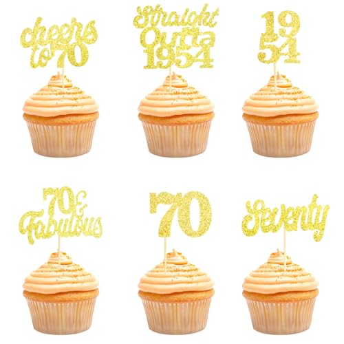 Teselife Tortendeko 70 Geburtstag Frau Mann, 24 Stück Glitzer Gold 70. Geburtstag Cupcake Topper Geburtstagsdeko von 1954 für 70er Geburtstag Party Torten Kuchen Deko von Teselife