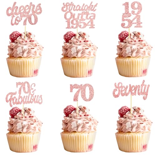 Teselife Tortendeko 70 Geburtstag Frau Mann, 24 Stück Glitzer Rose Gold 70. Geburtstag Cupcake Topper Geburtstagsdeko von 1954 für 70er Geburtstag Party Torten Kuchen Deko von Teselife