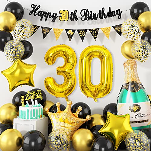 30 Geburtstag Deko Schwarz Gold, Deko 30 Geburtstag Mann Frau mit Luftballons 30. Geburtstag Happy Birthday Banner Tortendeko Geburtstag, Geburtstagsdeko 30 Ballon für 30 Jahre Geburtstag Dekoration von Teslite