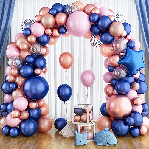 Luftballon Girlande Rosa Blau, Gender Reveal Party Deko Rosegold Pastell Rosa Marineblau Ballon Girlande Geschlecht Verkünden mit Folienballon Metallic Konfetti Latexballons für Geburtstag Boy or Girl von Teslite