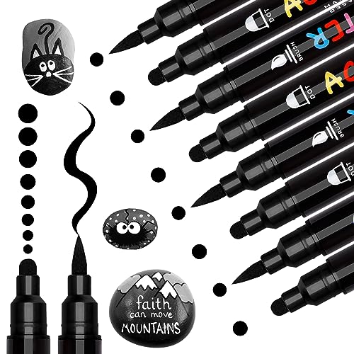 Tesquio Schwarz Acrylstifte Dual Brush Tip 8pcs weißer Stift wasserfest Marker Stifte permanent marker schwarz Stifte für Papier, Holz, Leinwand, Keramik, Steine Bemalen von Tesquio