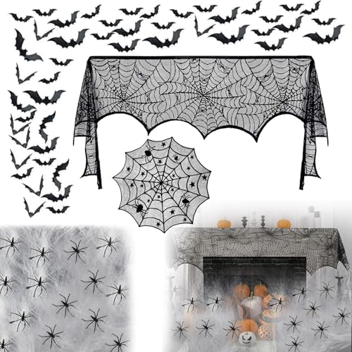 111pcs Halloween Dekorations Set,Spitzen Spinnennetz Kamin Tür Tischläufer Grusel Tischdecke Deko mit 60g Spinnweben und 48Spinnen Horror,3D Fledermausaufkleber für Fasching Halloween Party Dekoration von Tesyeux