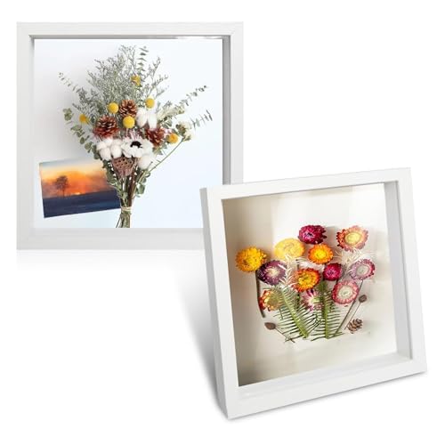 2Pcs 3D Bilderrahmen zum Befüllen 20 x 20cm 3D Objektrahmen Hölzern Tief 3cm, Vitrine Rahmen für Objekte, Blumen Große Schattenbox, Hochzeitsstrauß Erinnerungsstücke Medaillen Fotos für Andenken(Weiß) von Tesyeux