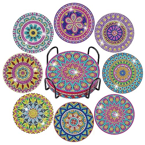 5D Diamond Painting Untersetzer mit Halter,8er Set DIY Diamant-Malsets Basteln Erwachsene Untersetzer Kinder Art Mandala,Kerzen Dekorative Kork Keramik Untersetzer Getränke Rund Boho Für Gläser Tassen von Tesyeux