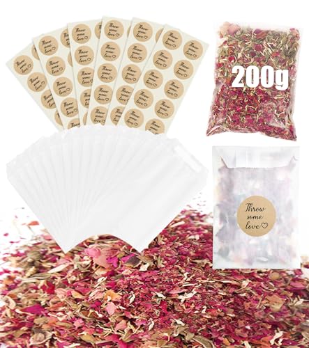 60 Sets Hochzeitskonfetti-Tüten-Set, 200 g natürliche getrocknete Blumen, getrocknete Rosenblätter, 90 x 135 mm, Hochzeitskonfetti-Aufkleber, biologisch abbaubar, Papiertüten, Pergamin-Umschläge für von Tesyeux