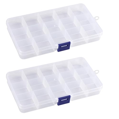 2 Stück Plastik Sortierbox, Kunststoff Sortimentskasten mit 15 Fächern, Verstellbare Organizer Box Aufbewahrungsbox für Kleinteile, Schmuck, Schrauben, Perlen, Ohrringe, Transparent von Teuena