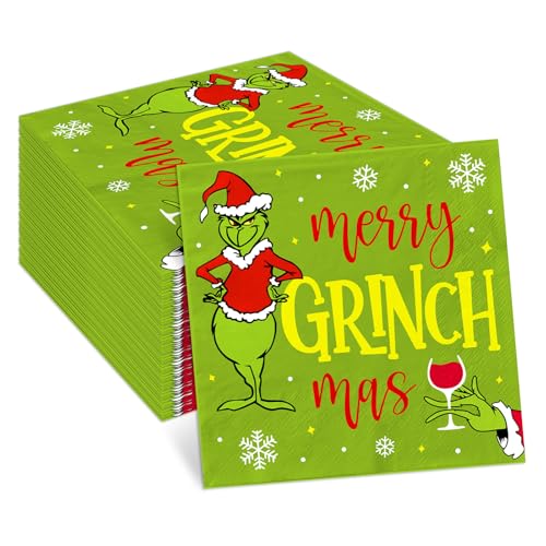 48 Stück Grinchmas Party-Servietten, Dekoration, Frohe Weihnachten, Whoville, Dekoration, Papierservietten für Feiertage, Neujahr, Weihnachten, Geburtstag, Partyzubehör von Tewess