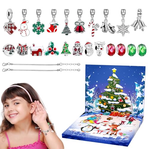 Weihnachts-Adventskalender-Armband, Adventskalender für Mädchen - 24-Tage-Countdown bis zum Weihnachtskalender, Legierungsarmband,22 Charm-Perlen, 2 Armbänder, Partyzubehör, Schmuckherstellungsset für von Tewzafiya