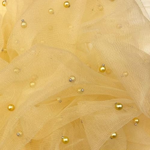 Hellgelber Netzstoff mit Nieten, Perlen-Netzstoff, Brautkleid, durchscheinendes Bastelkleid (Probe (10 cm x 10 cm), Hellgelb/Zitrone 1104) von Textile Plaza