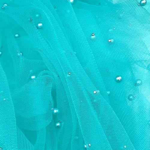 Netzstoff mit Nieten, Perlen-Netzstoff, durchscheinendes Brautkleid, 10 x 10 cm, Aqua-Grün (Aqua 1113) von Textile Plaza