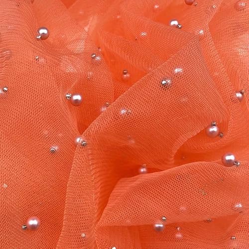 Netzstoff mit Nieten, Perlen-Netzstoff, durchscheinendes Brautkleid, 10 x 10 cm, Orange 1097 von Textile Plaza