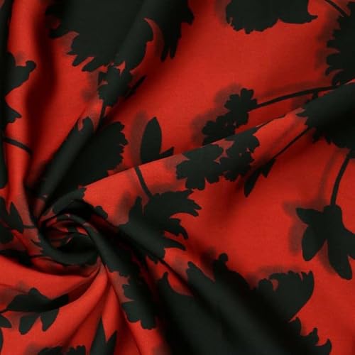 Sommerkleid-Stoff mit Blumenmuster, feiner seidiger Satin, Krepp, Polyester, glänzend (1 Meter, rote und schwarze große Blumen 2539) von Textile Plaza