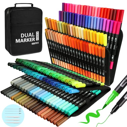 Tgkoddo Dual Brush Pen Set 168 Farben, Doppel Filzstifte Dicke und Dünne, Aquarellstifte Set Kinder Erwachsene, Professionell Pinselstifte Aquarell for Mandala Malen Kalligraphie mit 3 Templates von Tgkoddo