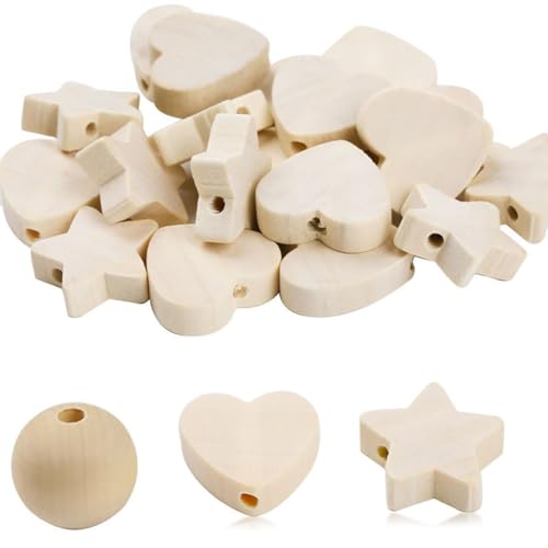 Holzperlen Herz zum Auffädeln 90 Stück 20mm Naturholzperlen Herz Round Stern Form Holz Perlen Set Lose Perlen Mit Loch Unvollendete Blank Abstandsperlen Holzkugeln zum Basteln DIY Schmuck Zubehör von ThaiRoot