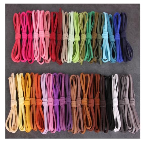 ThaiRoot 40 Farben x 1M Bunte Lederschnur Wildleder Lederband 3mm Wildlederband Flache Reißfest Flach Lederbänder Ketten Halsketteband Schmuckband für DIY Armband Halskette Schmuck Handwerk Schnur von ThaiRoot