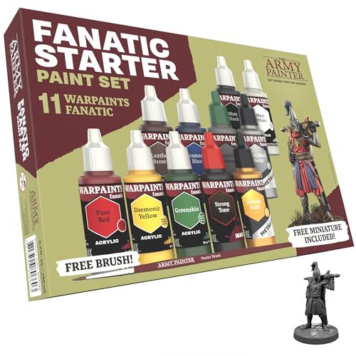 The Army Painter, Warpaints Fanatic Starter Set, 11 Farben: 7 Acrylfarben, 2 Metallics, 1 Waschung, 1 Grundierung zum Auftragen mit dem Pinsel, 1 kostenlose Miniaturfigur und Starterpinsel. von The Army Painter