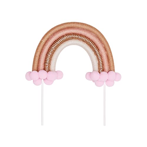 The Baked Studio – Boho geflochtener Regenbogen- und Wolken-Tortenaufsatz zum Dekorieren von Kuchen für Geburtstage, Babypartys, Taufen (Boho Rainbow – Light Pink & Gold) von The Baked Studio