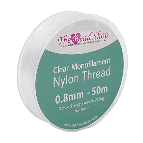 The Bead Shop 0,8 mm transparenter Nylonfaden, unsichtbare Schnur, klares Nähgarn, Dekoration zum Aufhängen, nicht dehnbar, Zugfestigkeit ca. 21 kg (0,8 mm – 50 m Spule) von The Bead Shop