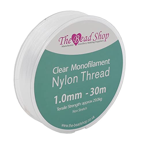 The Bead Shop 1 mm transparenter Nylonfaden, unsichtbare Schnur, klares Nähgarn, Dekoration zum Aufhängen, nicht dehnbar, Zugfestigkeit ca. 29 kg (1 mm – 30 m Spule) von The Bead Shop