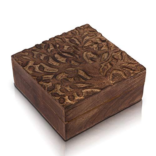 Handgefertigte dekorative Holz-Schmuckschatulle Baum des Lebens Schnitzerei Schmuck Organizer Andenkenbox Schatztruhe Schmuckkästchen Halter Uhrenbox Aufbewahrungsbox Schlossbox 15 x 15 cm von The Great Indian Bazaar