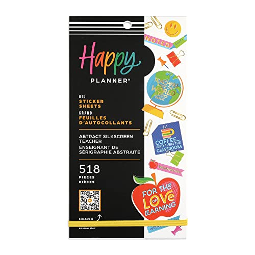 Happy Planner Aufkleber-Set für Lehrer, Planer und Projekte – Mehrfarbige Aufkleber – große Größe – abstraktes Siebdruck-Lehrer-Thema – 30 Blatt insgesamt 518 Aufkleber von The Happy Planner