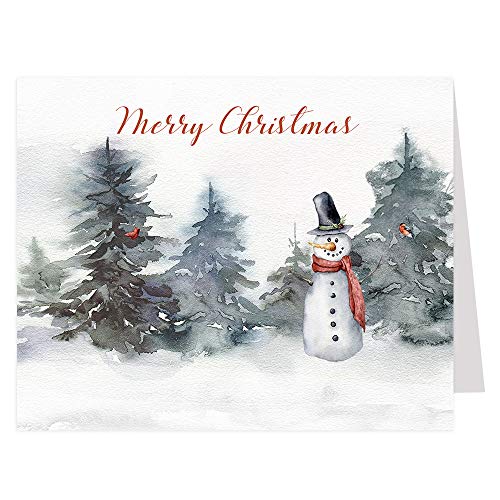 The Invite Lady Schneemann-Weihnachtskarte, Aquarell, Winterurlaub, Grußkarten, elegant, klassisch, Wald, Schnee, Jahreszeiten, Grüße, Frohe Weihnachten, bedruckte Klappkarte (12 Stück) von The Invite Lady