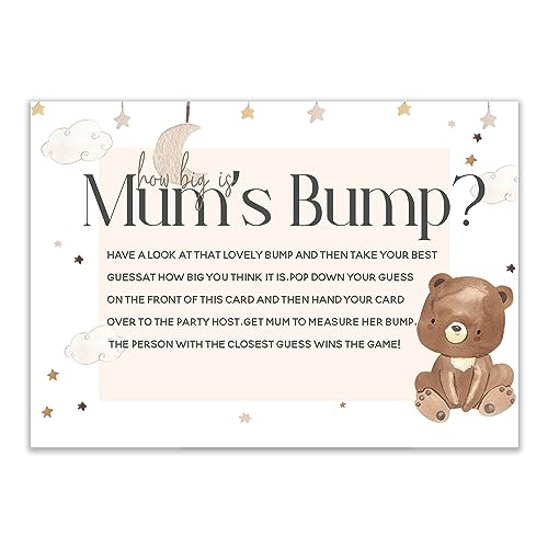 Bär Thema Babyparty Spiele – Packung mit 20 doppelseitigen niedlichen Bären, How Big Is Mum's Bump Karten (Bitte beachten Sie, Maßband nicht im Lieferumfang enthalten) Junge Mädchen Babyparty von The Little Party Company