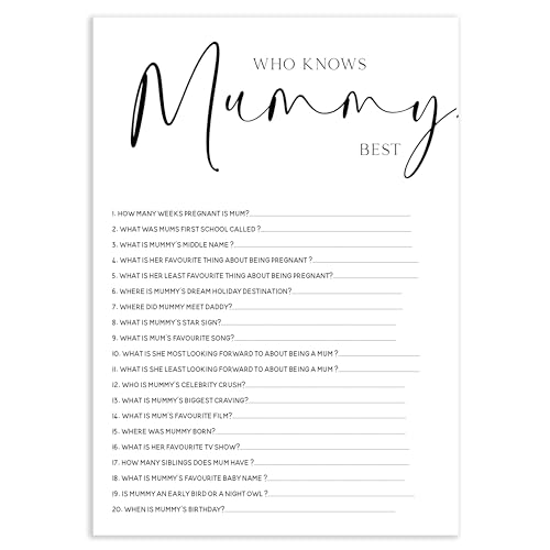 The Little Party Company Babyparty-Spiele, 15 Stück, "Who Knows Mummy Best Game Cards", Weiß, minimalistisches, elegantes Design, Unisex, Größe A5 (BSOBWKM15) von The Little Party Company